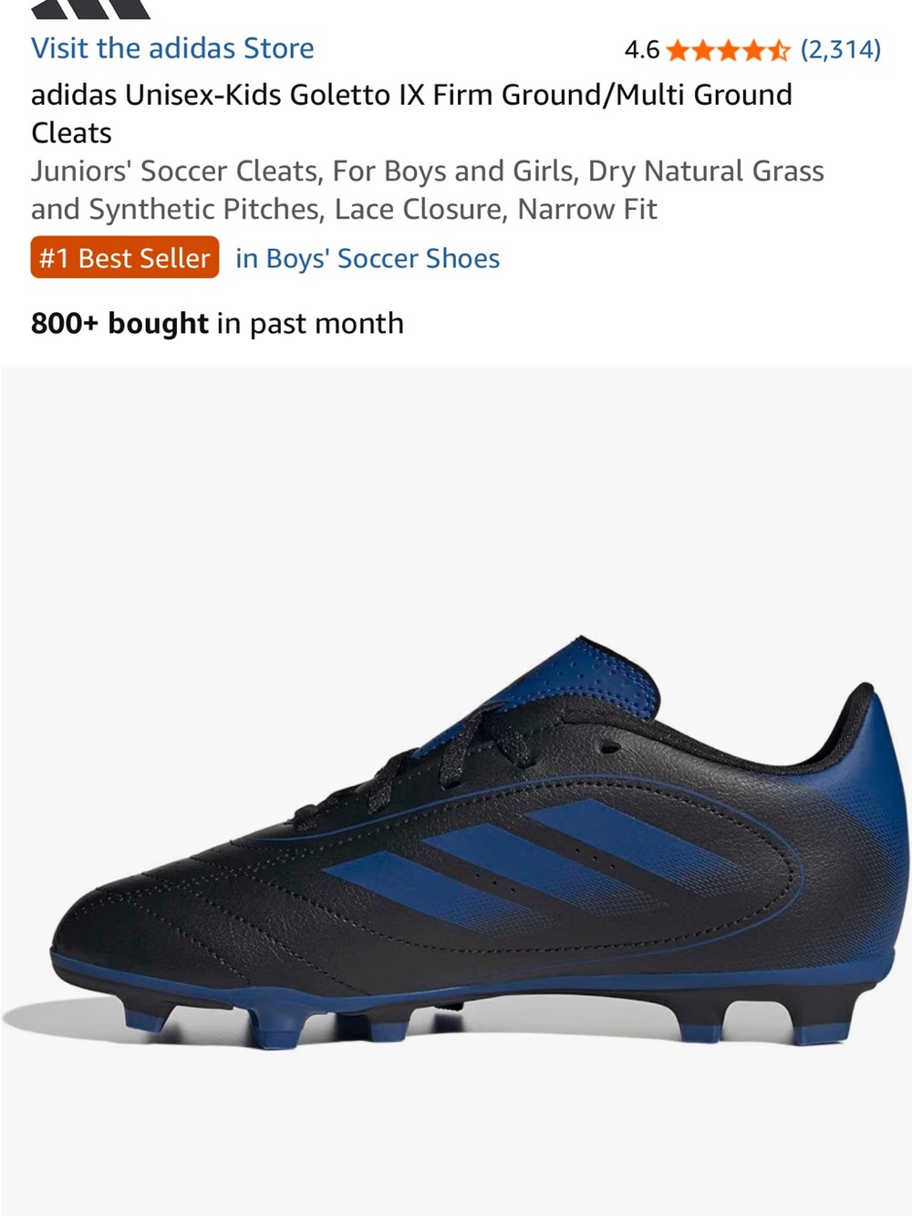 EUC adidas Goletto Kids Soccer Cleats in Black and Blue size 12